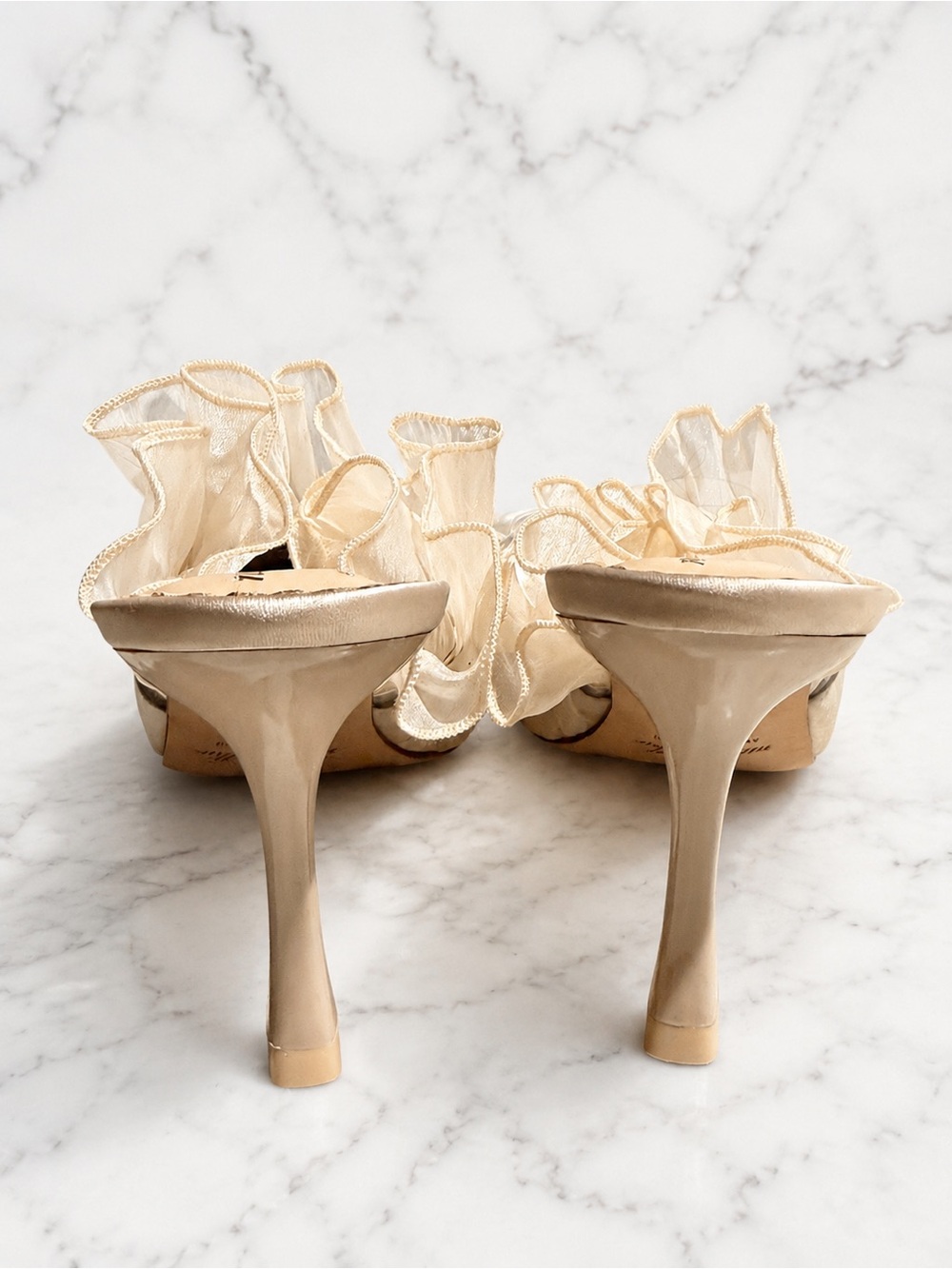 ANTONIO MELANI Cream Satin Ruffle Mule with Sage Bow - Picture 5 of 5
